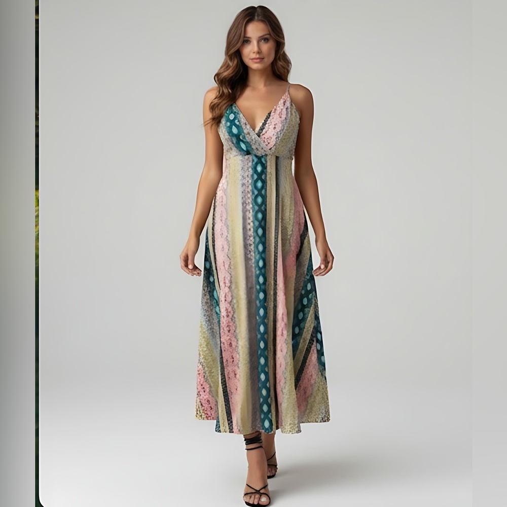 Boho Floral & Geo Print Backless Wrap Split Thigh Dress.